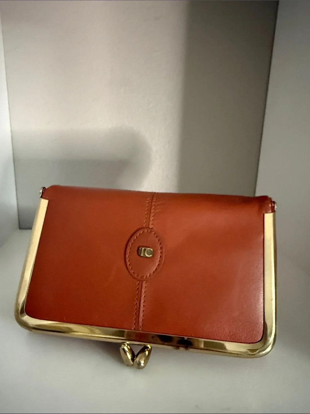 Classic Leather Clutch in Cognac with Gold Trim